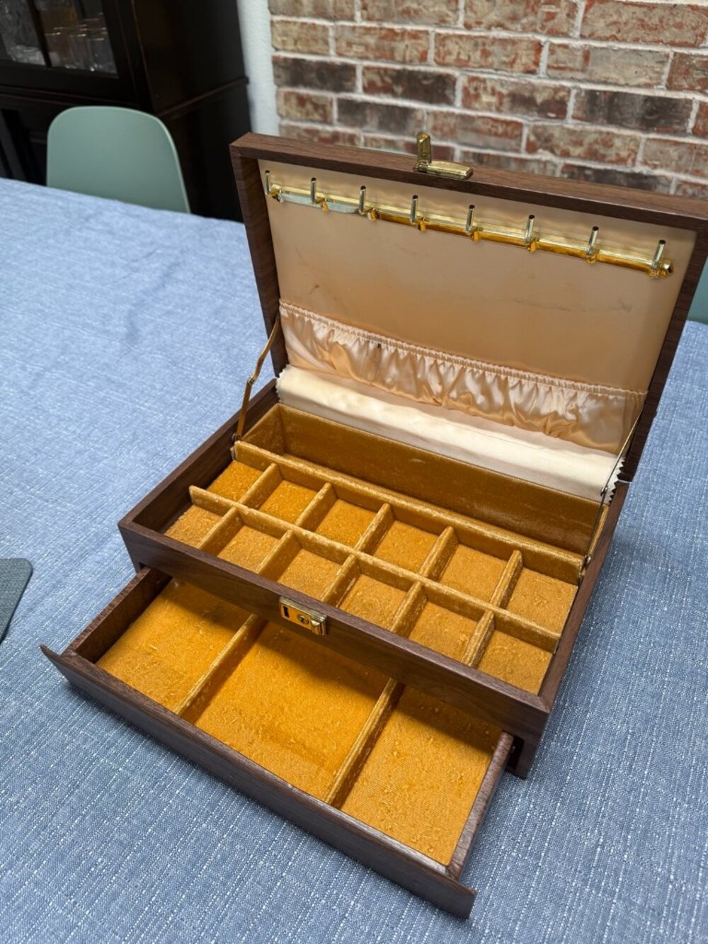 Vintage Wood Jewelry Box Mustard Velvet Ring Storage Drawer Brass Hardware